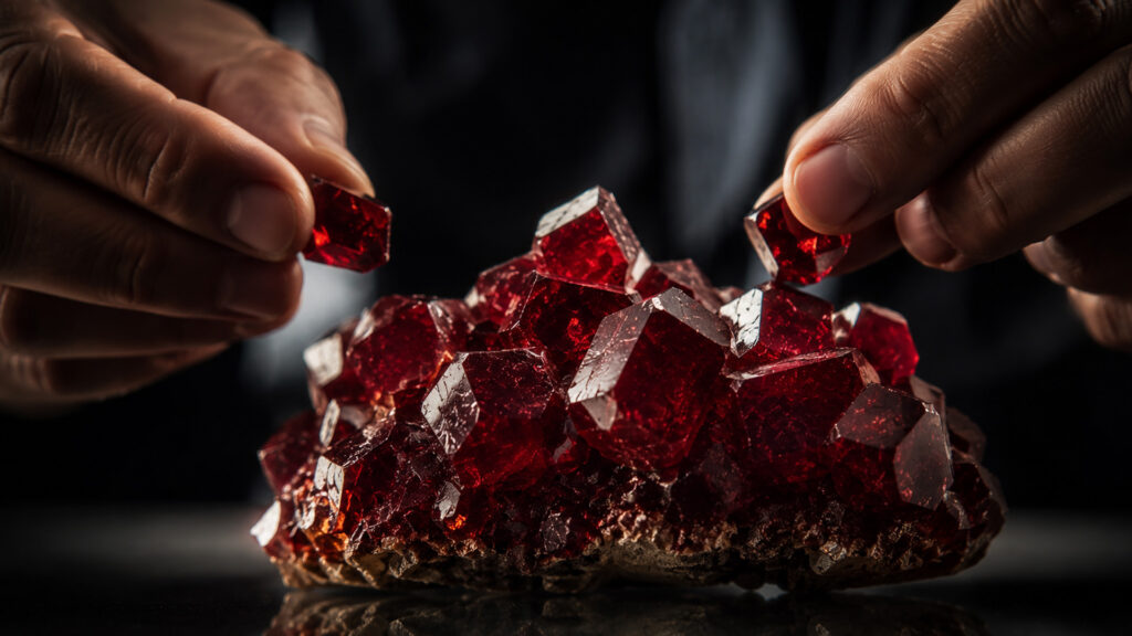 Primo piano di un gruppo di cristalli di granato rosso intenso, illuminati da una luce laterale che ne esalta le sfaccettature e le trasparenze. Sullo sfondo, sfocate, due mani stanno posizionando con precisione piccoli cristalli per completare un'unica struttura compatta. Il contrasto tra il gesto umano e la solidità della pietra richiama l'idea di competenze diverse che vengono coordinate e integrate in un unico sistema di valore. Sfondo nero, atmosfera elegante e raffinata, con riflessi sul piano lucido.