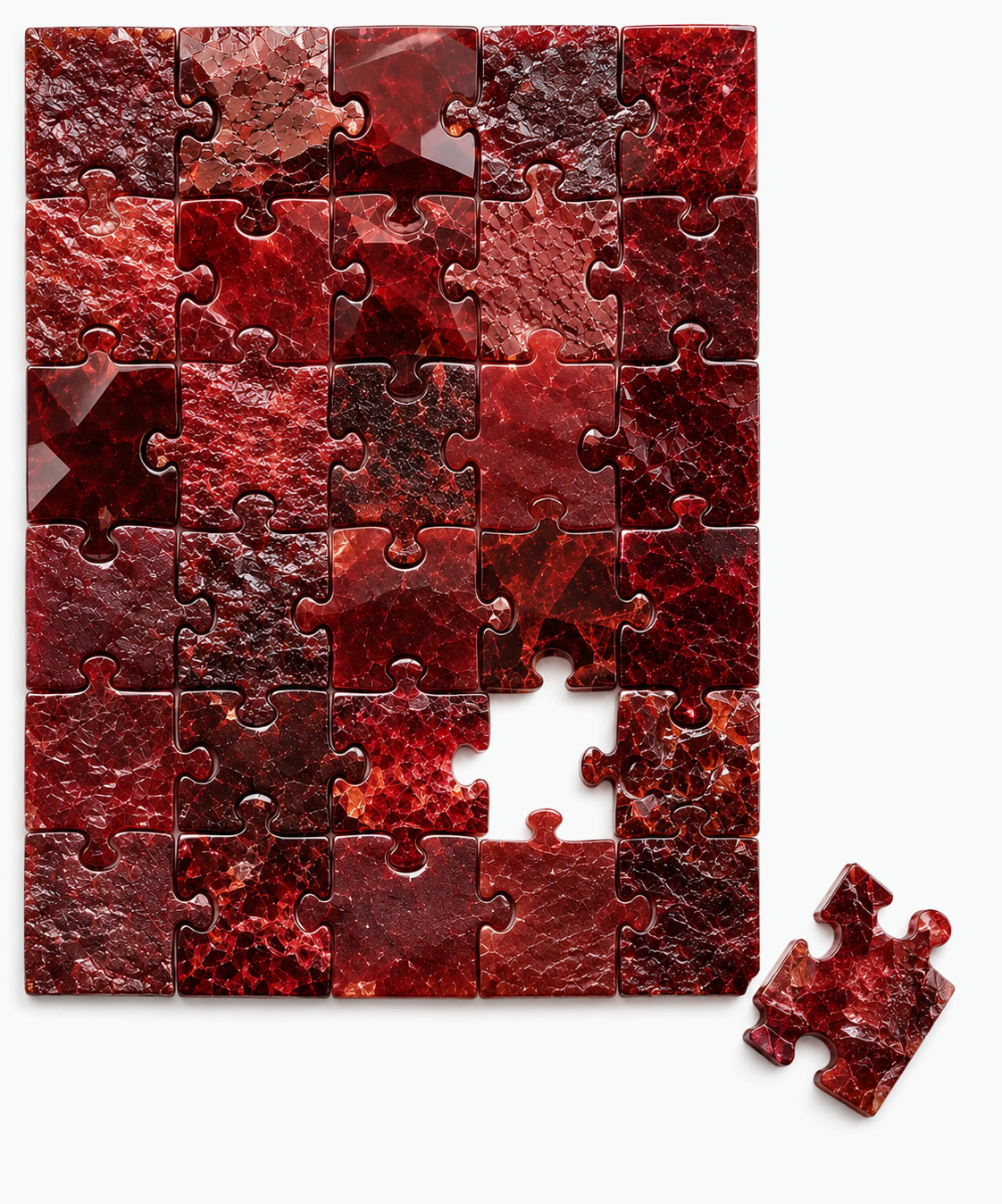 Puzzle di cristalli di granato levigati e grezzi che si incastrano perfettamente, a simboleggiare l'approccio integrato e multidisciplinare di Granata Consulting Services al fianco di imprese, enti e professionisti.