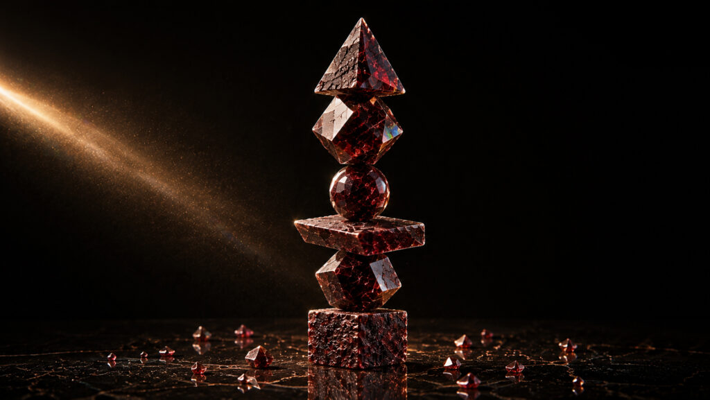 Una torre geometrica ed equilibrata composta da diversi blocchi di granato intagliati e rifiniti su misura, disposti in perfetto bilanciamento su un piano scuro con luce radente, a simboleggiare la stabilità, la pianificazione strategica e la struttura personalizzata delle aree di attività di Granata Services.